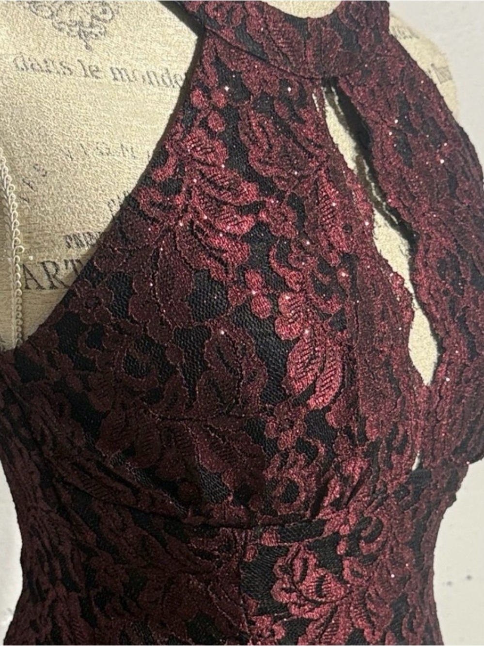 R&M Richards Burgundy Lace Halter Maxi Gown - Picture 4 of 6